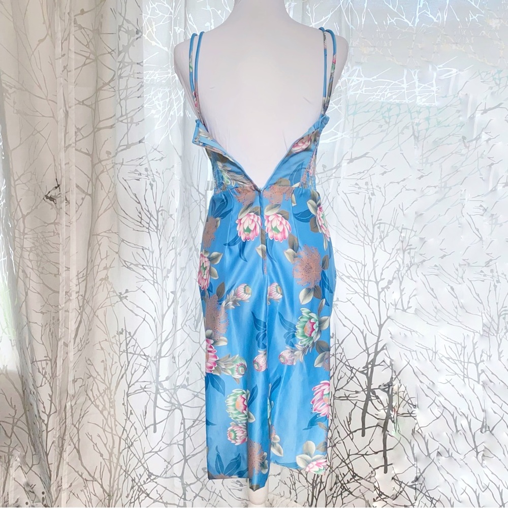 VINTAGE WALTAH CLARKE’S blue pink Hawaiian floral print sleeveless satin dress - Picture 7 of 10